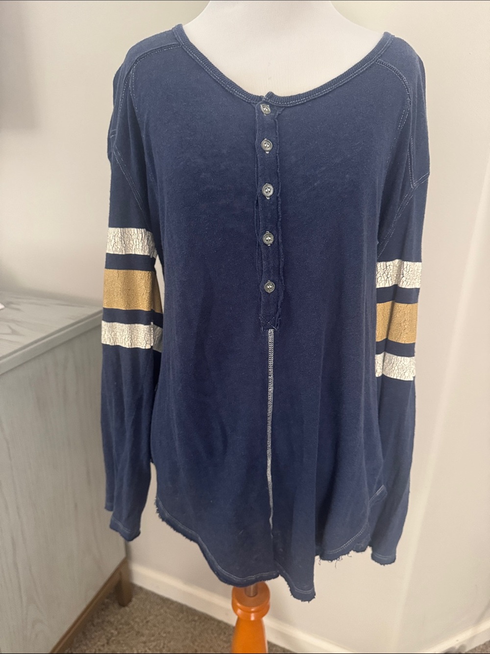 Free People Navy Henley Top with Sleeve Stripes, Sz S